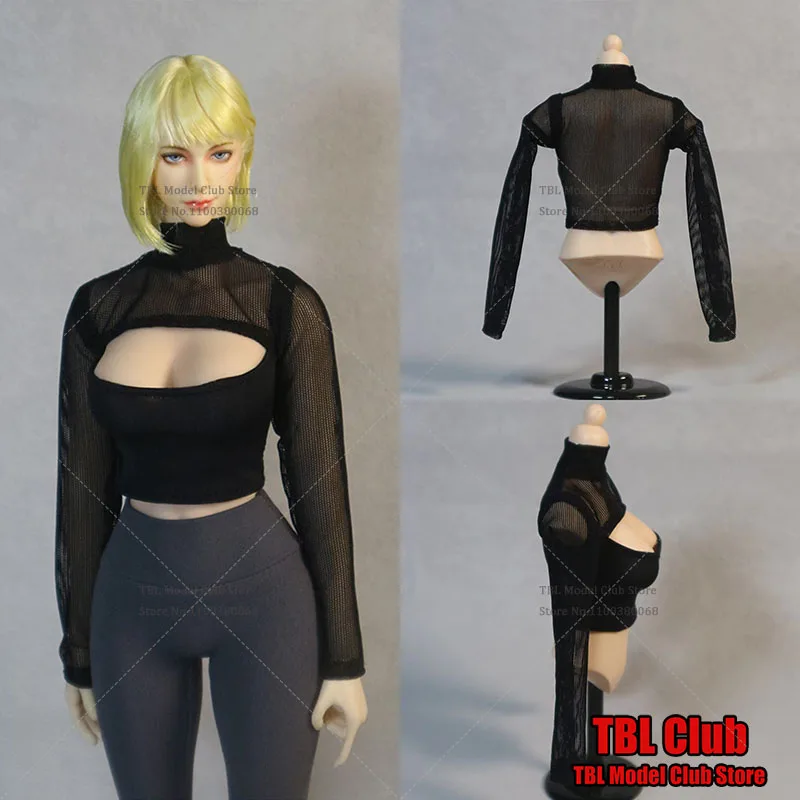 

DMTOYS 1/6 Сексуальная женская футболка из ледяного шелка с черной сеткой и длинными рукавами, топ, тонкие спортивные штаны с изображением акулы, подходят для 12-дюймовой фигурки
