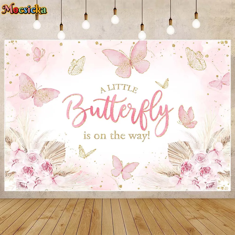 

Mocsicka Girl Baby Shower Backdrop Pink Newborn Welcome Party Decor A Little Butterfly is on the Way Photo Background Photoshoot