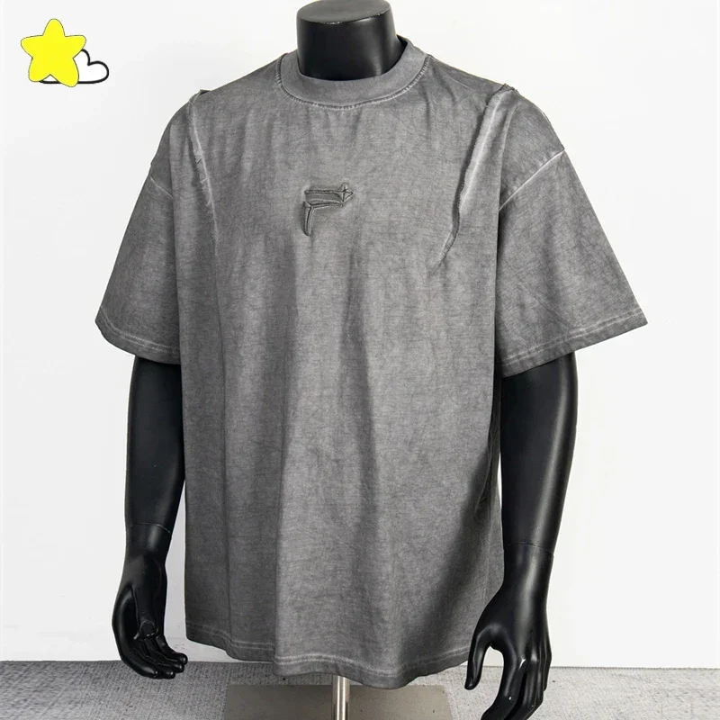 

Лето 2025 г., винтажная потертая серая черная футболка для мужчин и женщин, 100% хлопок, простая классическая футболка с вышивкой логотипа THUG CLUB, футболка