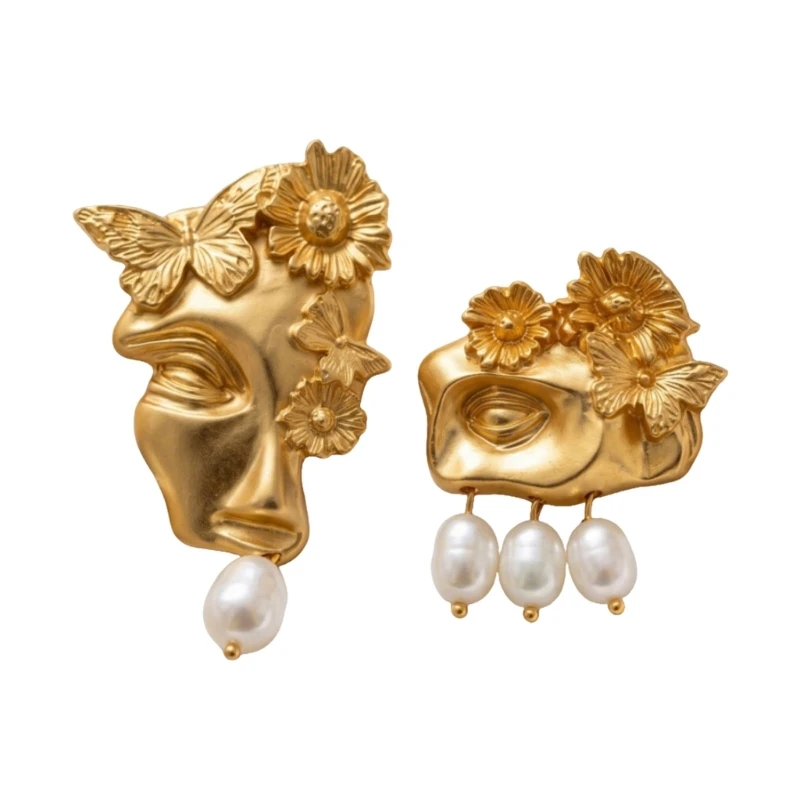 Asymmetrical Statement Earrings for Women, Abstract Face Gold Tone Drop Earrings with Oval Drop for Daily Date and Party
