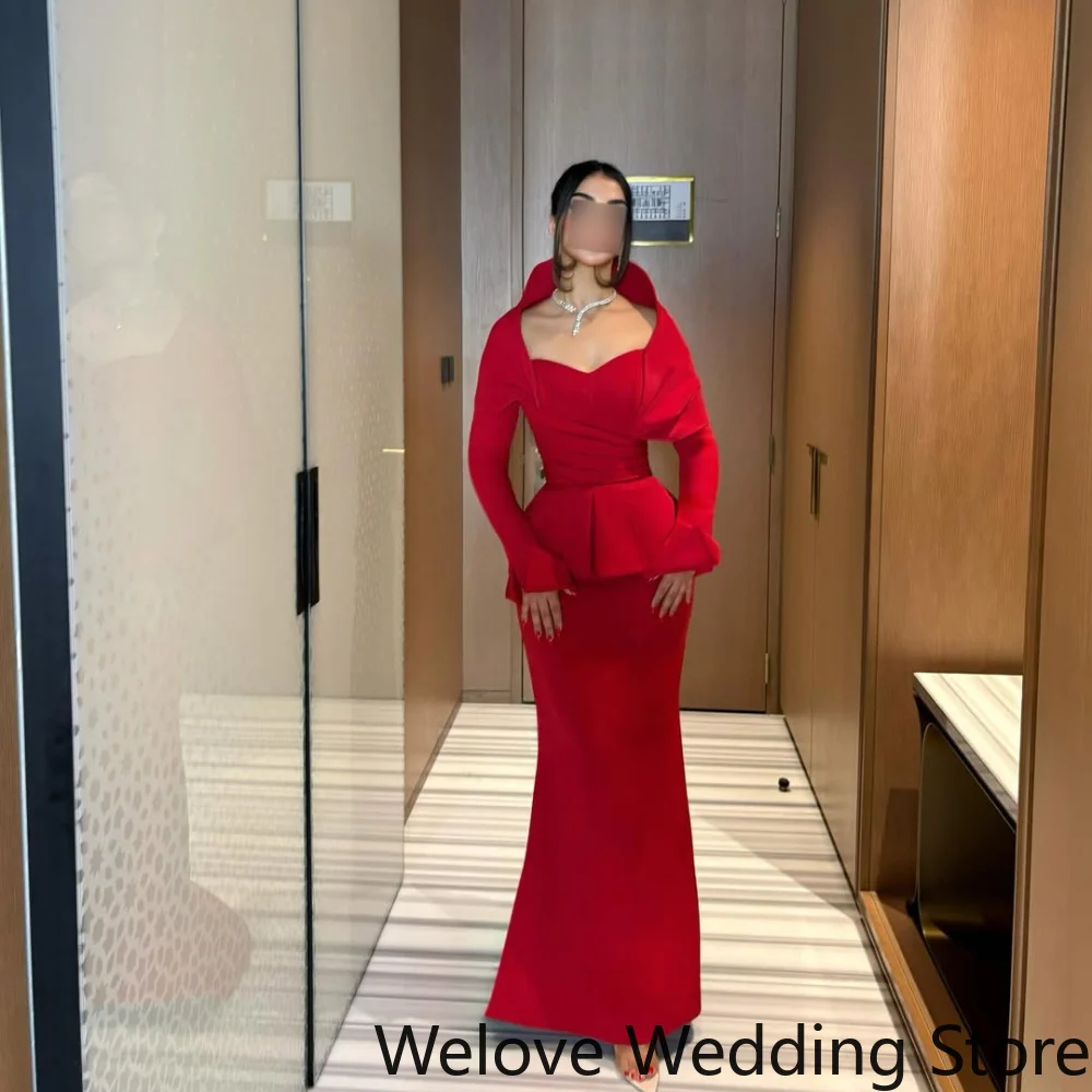 Red Formal Evening Gown Featuring Off-the-Shoulder Sweetheart Neckline, Long Sleeves, Structured Peplum Waist Detail