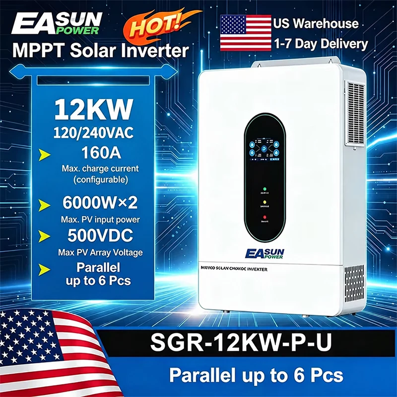 EASUN POWER US 12KW 12000W Split Phase Solar Inverter Two MPPT Hybrid Solar Inverter 160A 500VDC PV Input 110VAC 48VDC Pure Sine Wave Hybrid Dual Output 120V/220V Parallel Solar Charging Control Paralleled Duty Free