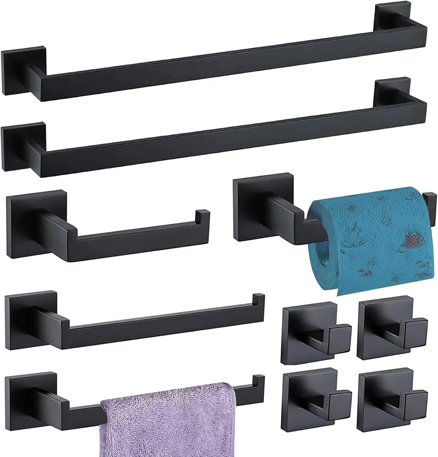 

10-Piece Bathroom Hardware Set, Matte Black. SUS304. 2 Towel Bars (23.6"), 2 Towel Holders, 2 Toilet Paper Holders, 4 Hooks