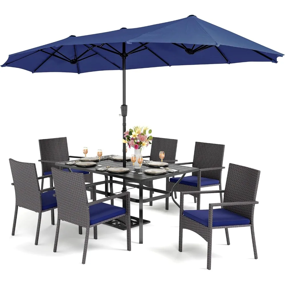 

Patio Dining Furniture Set with Umbrella, Rectangular Metal Dining Table & 6 Cushioned Rattan Wicker Chair