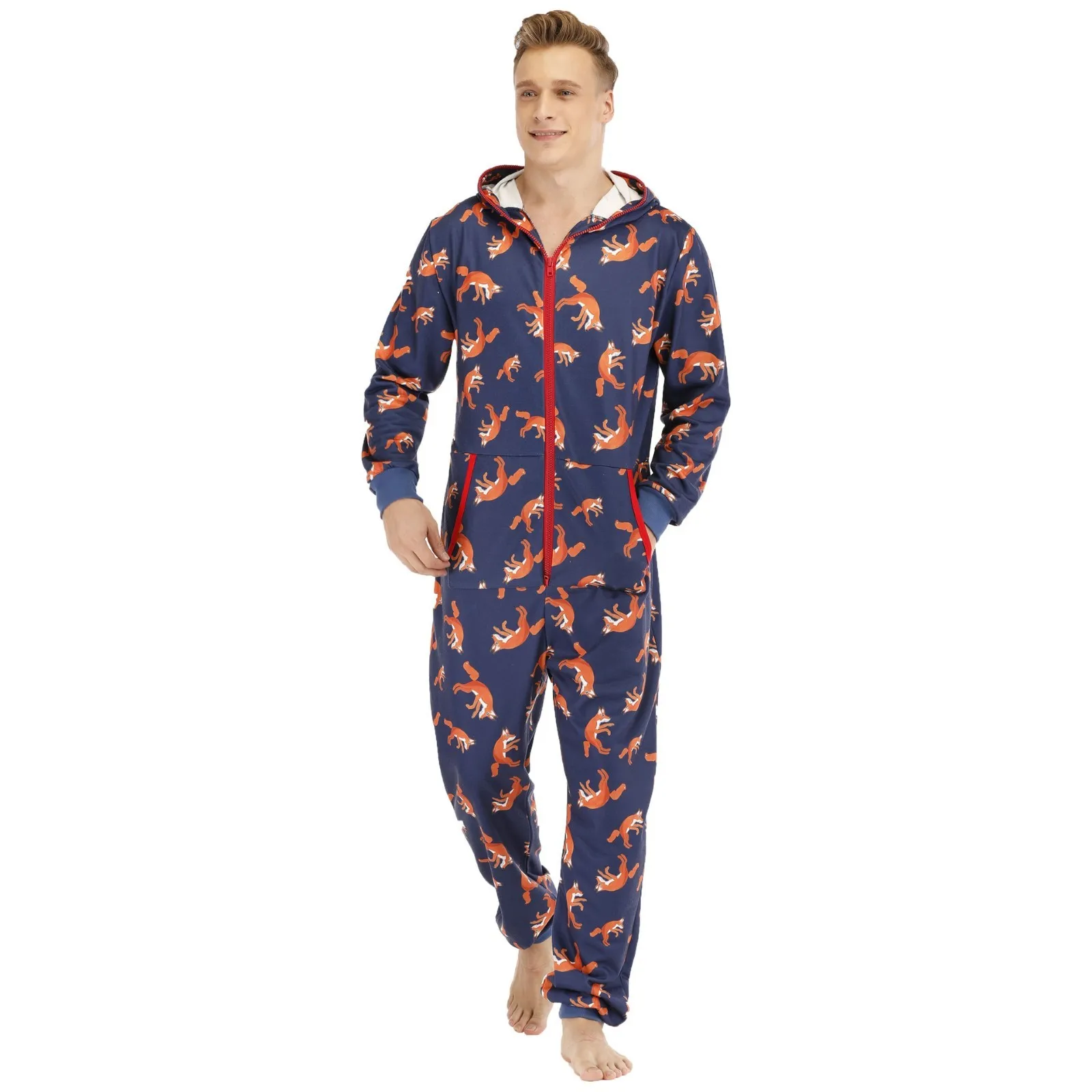 Men Warm Onesie Print Sleep Lounge Adult Sleepwear One Piece Pyjamas Male Jumpsuits Hooded Onesies Warm Jumpsuit Nightwear Gift