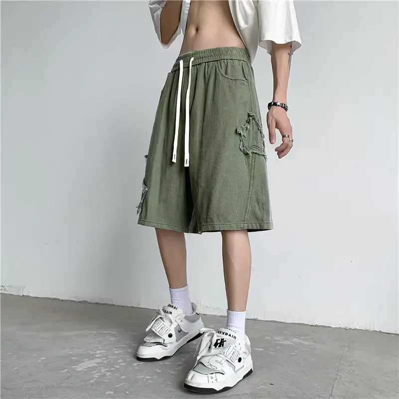 Star Patchwork Shorts for Men Vintage Denim Summer Loose Hip Hop Streetwear Oversize Men\'s Shorts Korean Fashion