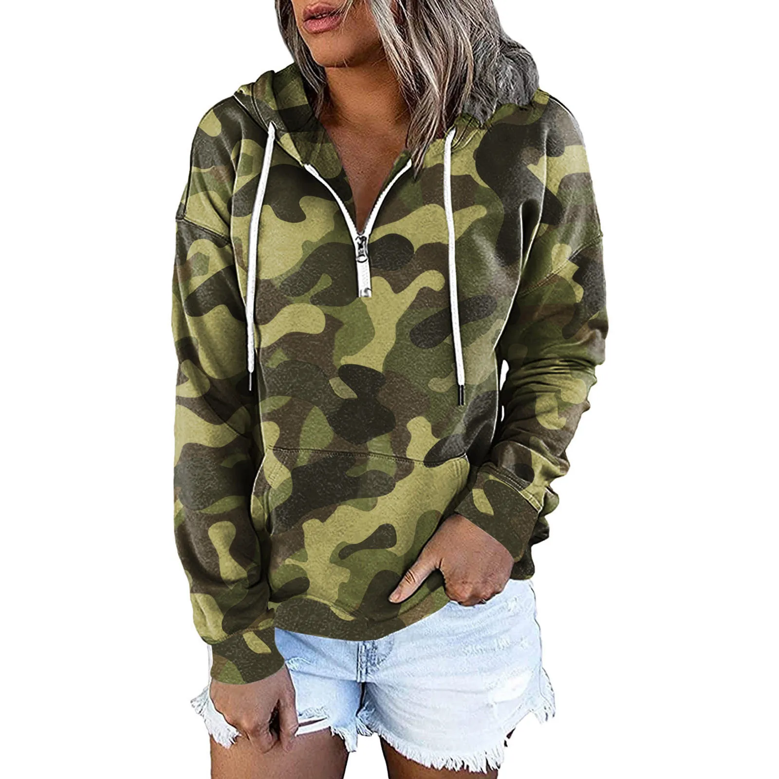 Women\'S Hoodies Y2k Camouflage Hooded Sweatshirts Zipper Drawstring Jacket Oversized Camo Cardigan Long Sleeve Hooded Shirt