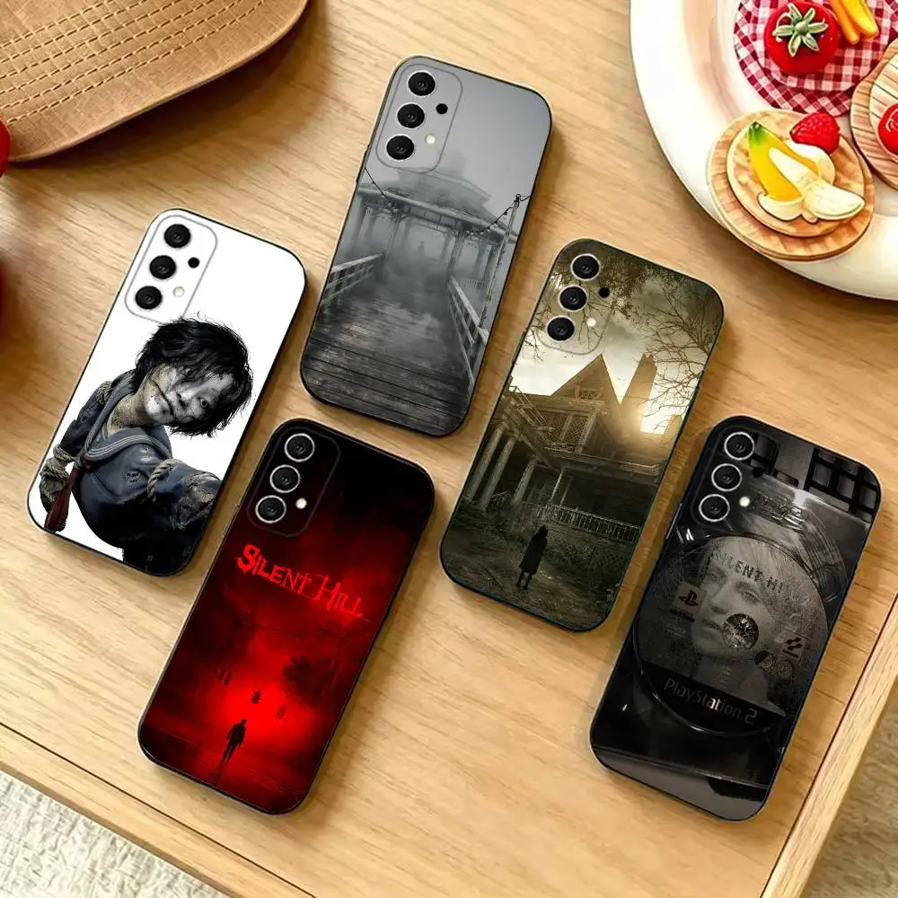 S‑Silent Hill Horror‑r Fashion Black Silicone Protective Phone Cover, Suitable for Samsung S20-S26,Ultra,Plus,FE,Lite,5G