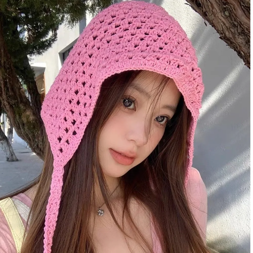 Handmade Knitted Woolen Hat for Student Girls Sweet and Cute Hand Hook Hollow Knitted Baotou Hat