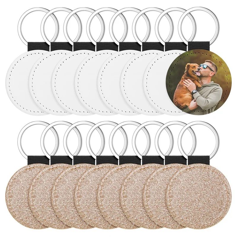 

AB35-16 Pcs Sublimation Blanks Keychain Glitter PU Leather Keychain Heat Transfer Keyring For DIY Crafts Making,Round Easy To Us