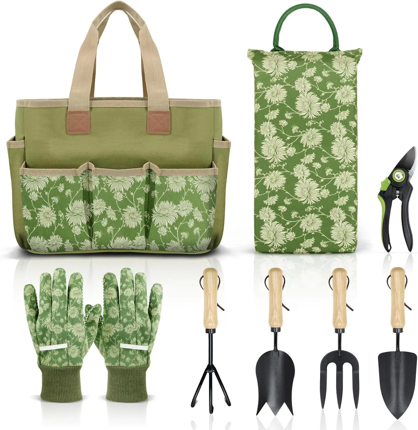 8 Piece, Heavy Duty Gardening Tools with Wooden Handle, Including Garden Tote, Kneeling Pad, Gloves, Pruner, Trowel