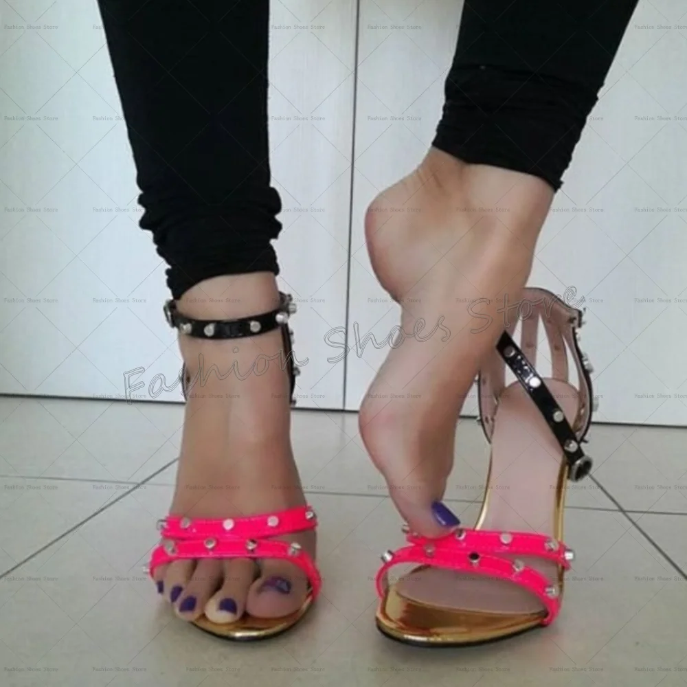

Rivet Decor Ankle Strap Splicing Sandals Open Toe Thin High Heels High Heel Shoes for Women Heels 2025 New Zapatos Para Mujere