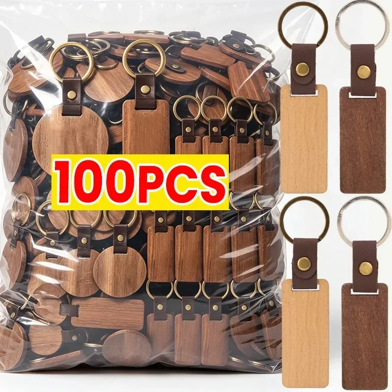 5-100pcs New Funny DIY Handmade Wood Blank Keyring Simple Round/Rectangle Keychain Wooden Pu Leather Chain Key Ring Friend Gifts