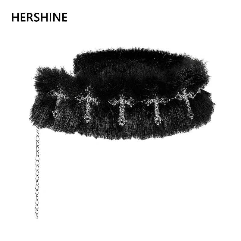 HERSHINE – chaîne de taille en métal croisé en peluche noire pour femmes, accessoire gothique Punk Street Rock Hip Hop Y2K, printemps, été