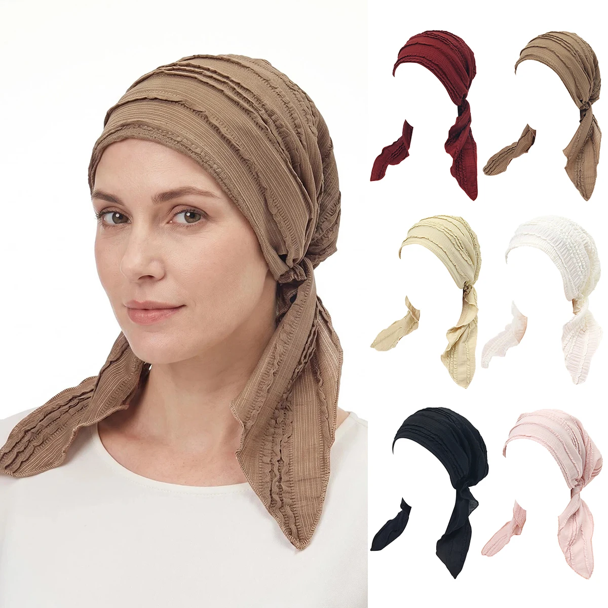 Solid Color Ramadan Turban Hijab Long Tail Head Wrap Soft Elastic Muslim Hat Breathable Chemotherapy Cap for Women And Girls