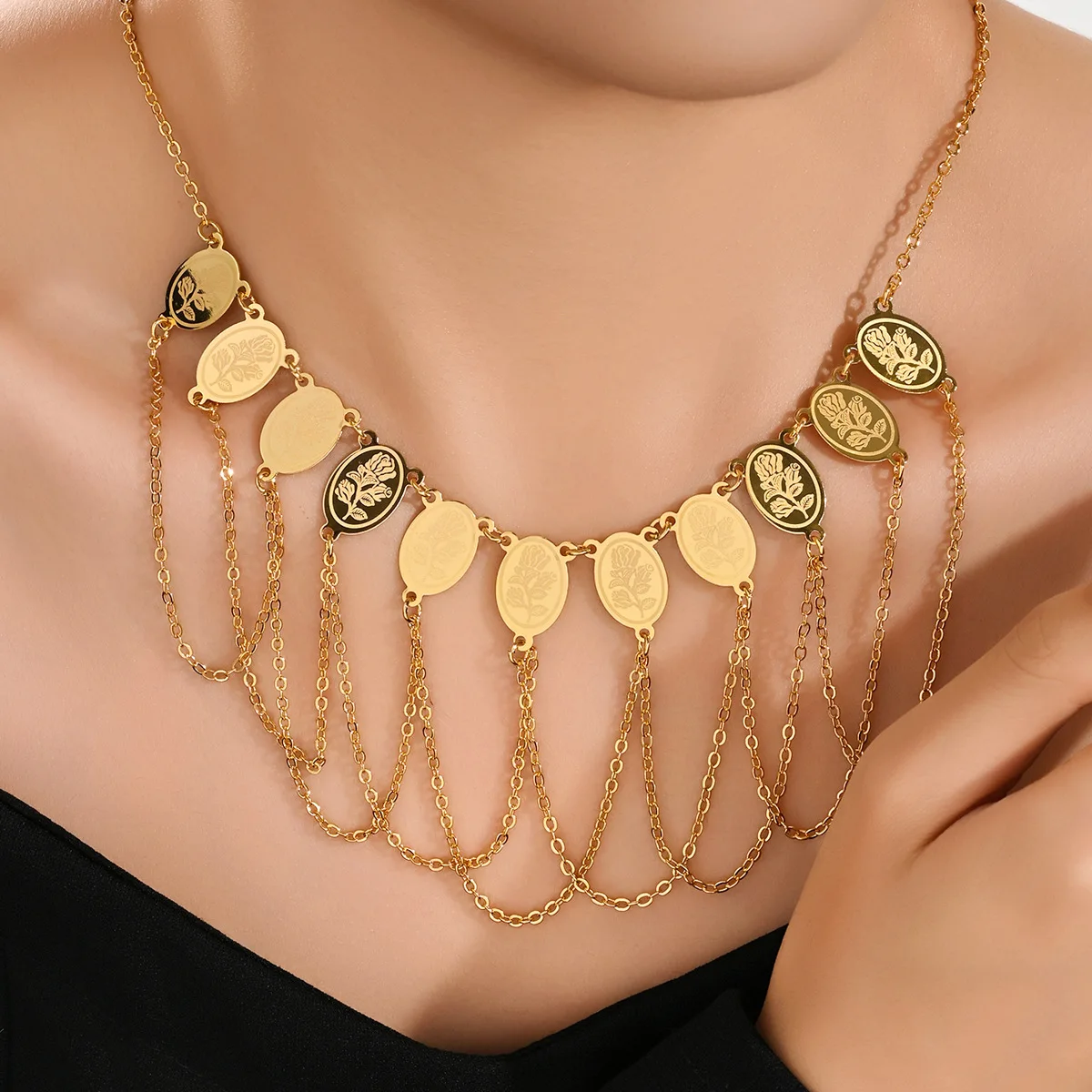 9999 gold necklace - lady multi-layer chain engraved pendant jewelry - factory direct sale