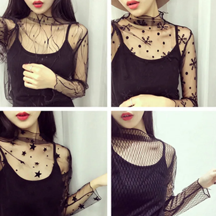 Simple Transparent Mesh Blouse Shirt Women Tops Blusas Long Sleeve Blouse Chemise Femme Casual Dot Shirt Feminine Blouse Autumn