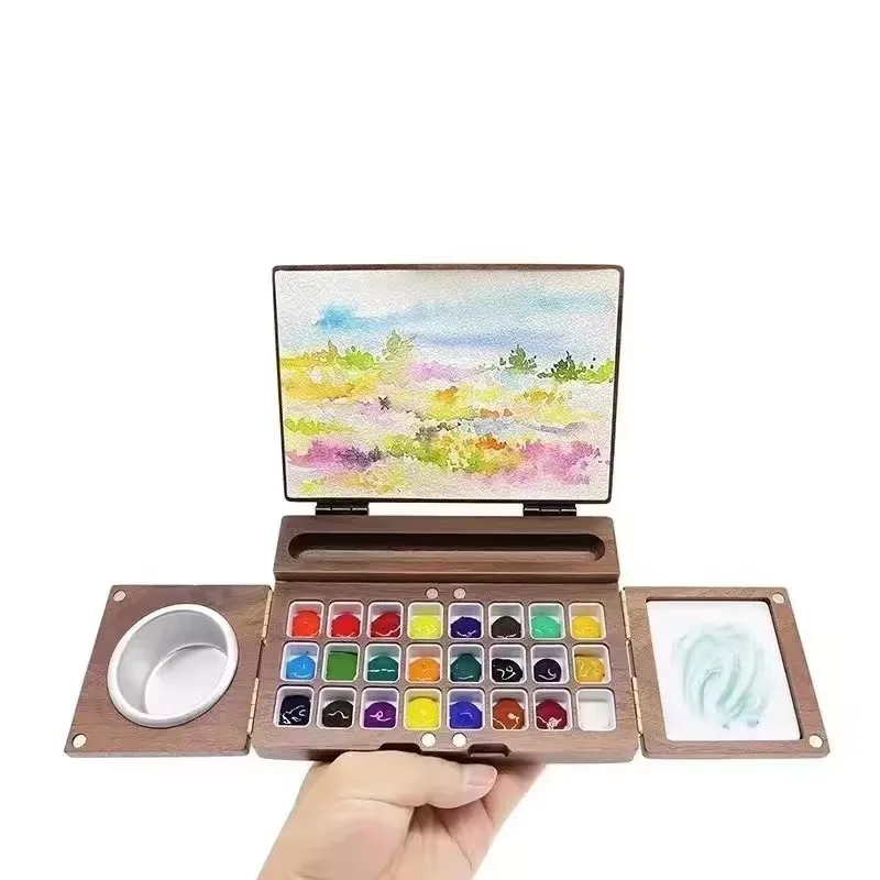 木製水彩ボックスポータブル折りたたみ水彩パレットケースオイルペイントボックス初心者屋外スケッチ絵画アートツール