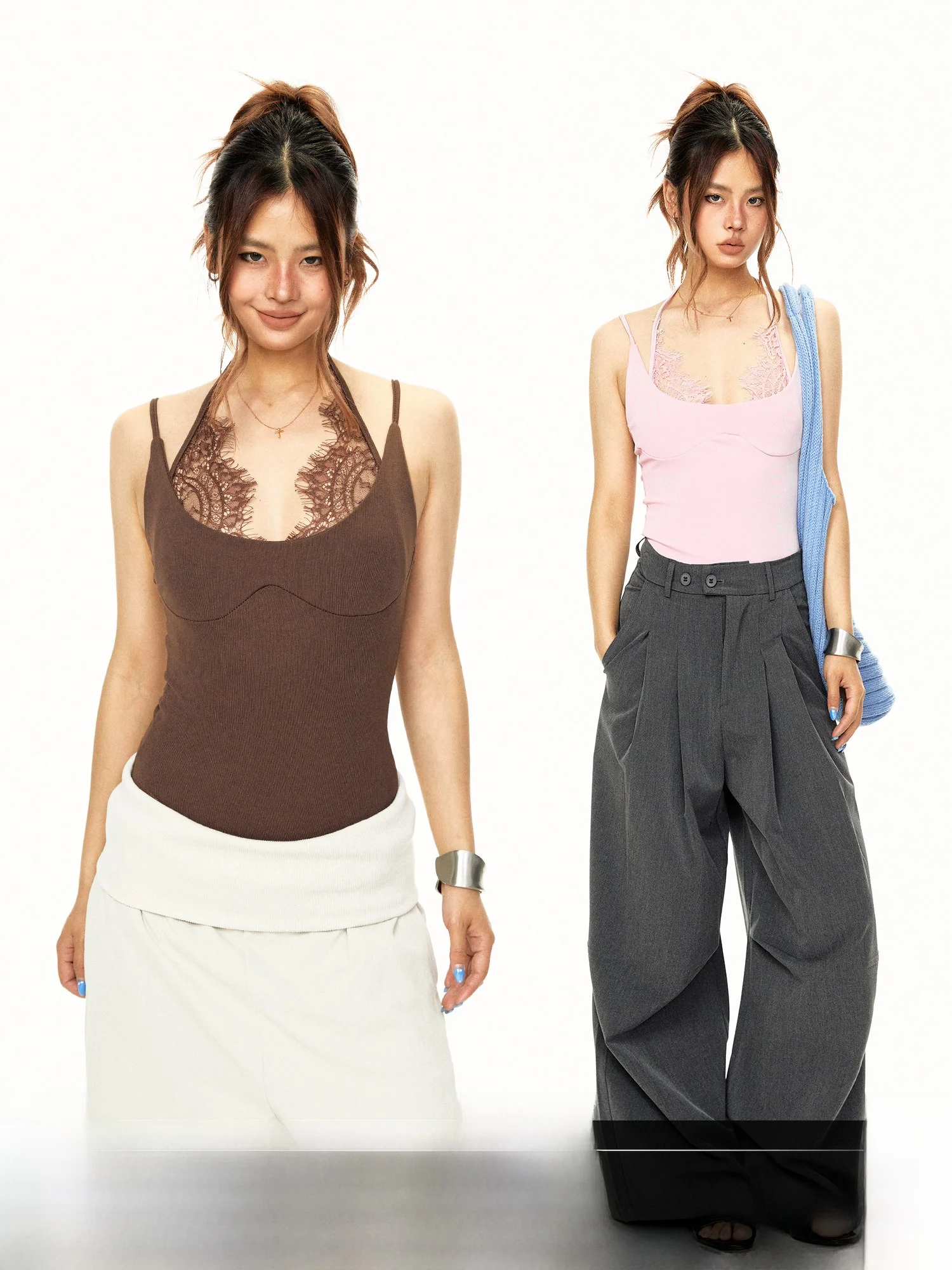 Black Lace Sexy Girl Patchwork Knitted Crop Top Women Summer Sleeveless Lace Upper Body Slim Fit Strap Vest round Neck T-shirt