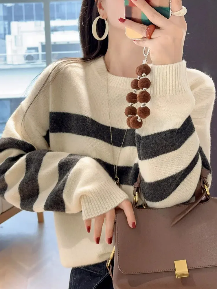 

Color Blo Long Sve round Ne Knitted Sweater Women's Loose Fit Faionable Casual Sle Autumn Wear Comfortable Knitwear
