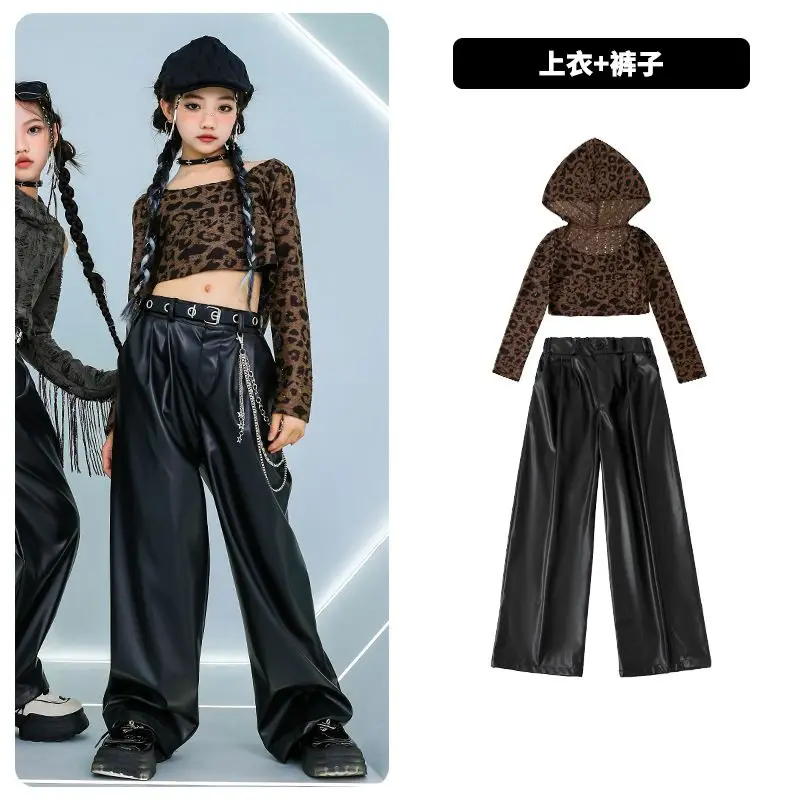 Meninas hip hop recortado rasgado fora do ombro leopardo hoodies calça de couro do plutônio crianças conjuntos de roupas de dança de rua crianças trajes k-pop