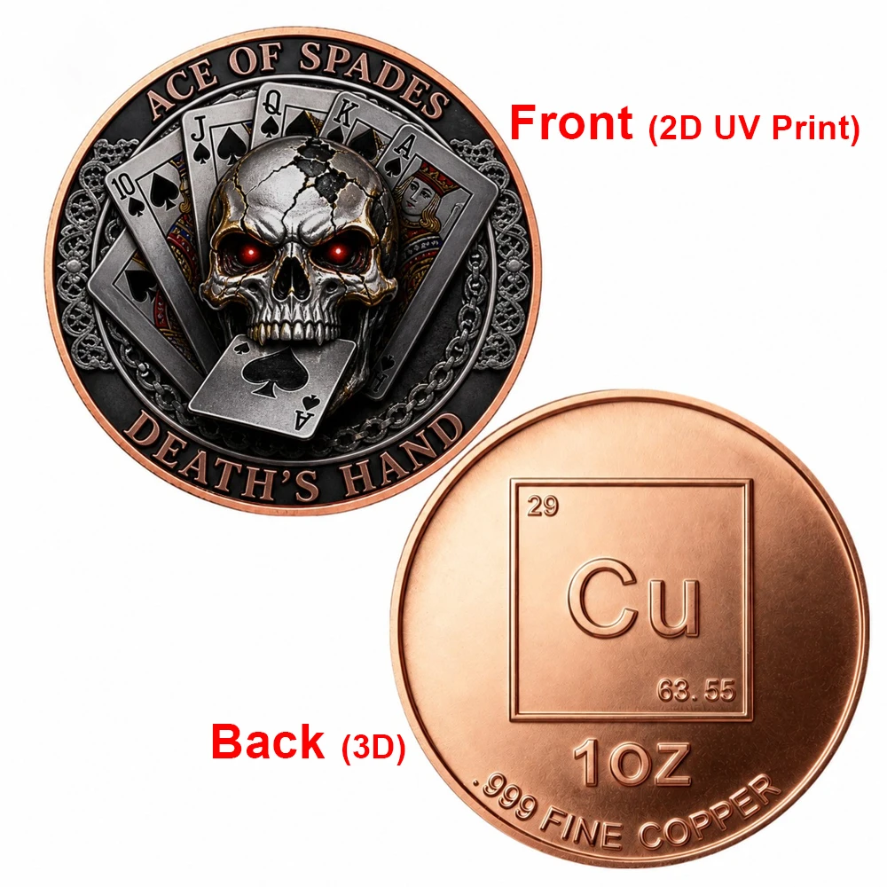 1pc 1oz .999 Fine Copper Challenge Coin Ace of Spades Death's Hand Skull Poker Commemorative Coin Gothic Collectible Souvenirs