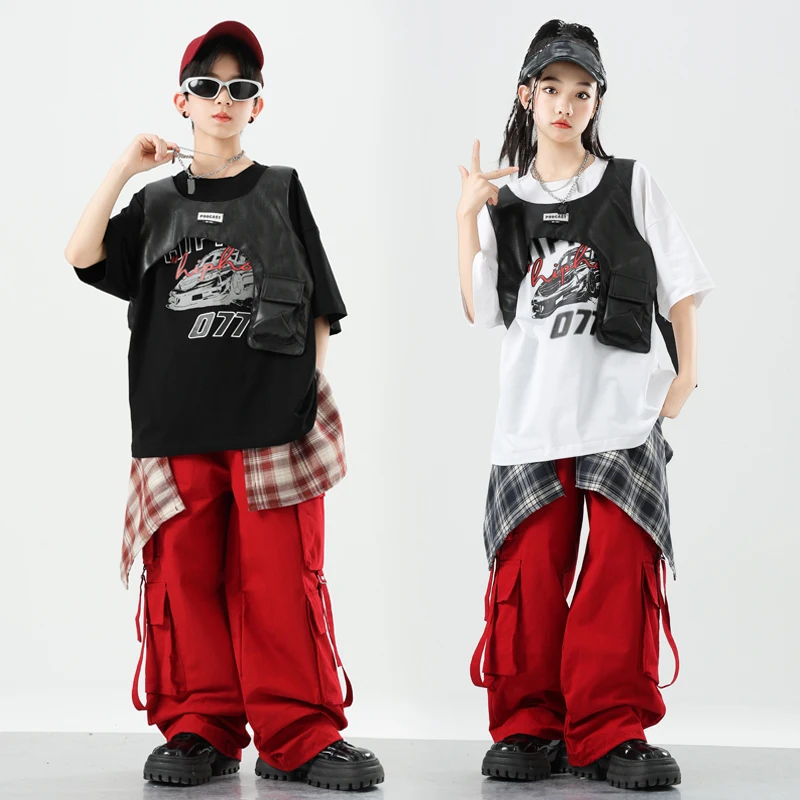 

Boys Hip Hop Clothing Vest Tshirt Red Cargo Pants Girls Street Dance Clothes Sets Kids Jazz K-pop Costumes Children Streetwear