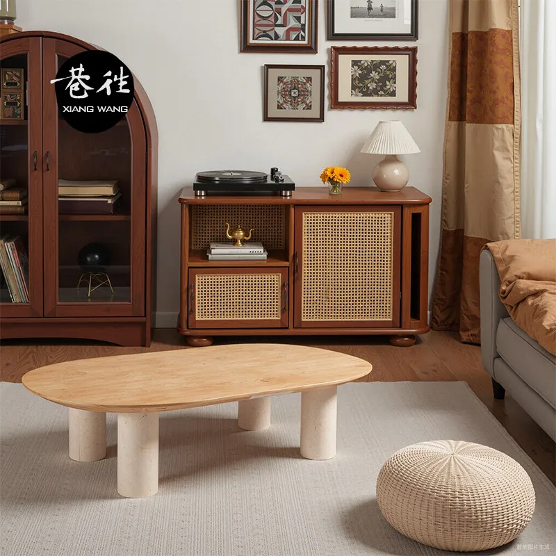 

French cream wind tunnel stone tree tumor solid wood oval coffee table living room light luxury high-end coffee table