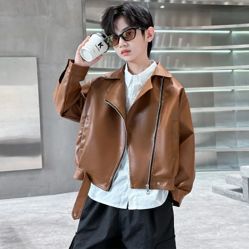 

2025 New Boys' PU Leather Jacket Autumn Winter Kids Motorcycle Jacket Korean Style Trendy Children's Spring Autumn Coat