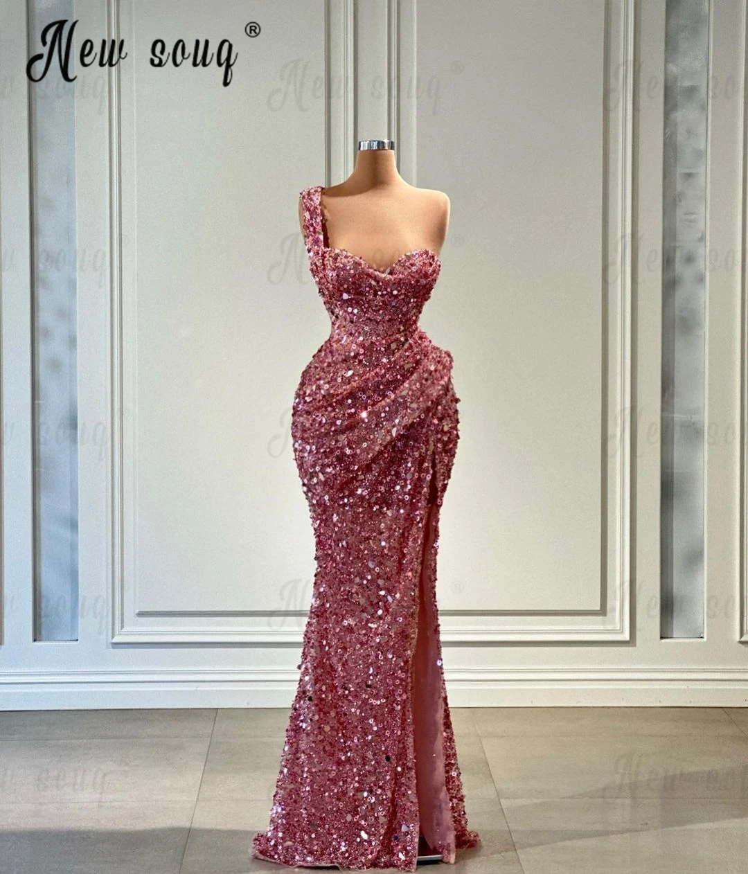 Simple Beautiful One Shoulder Sequins Party Dress Side Slit Mermaid Beaded Evening Night Gowns Maxi Celebrity Dresses Formal