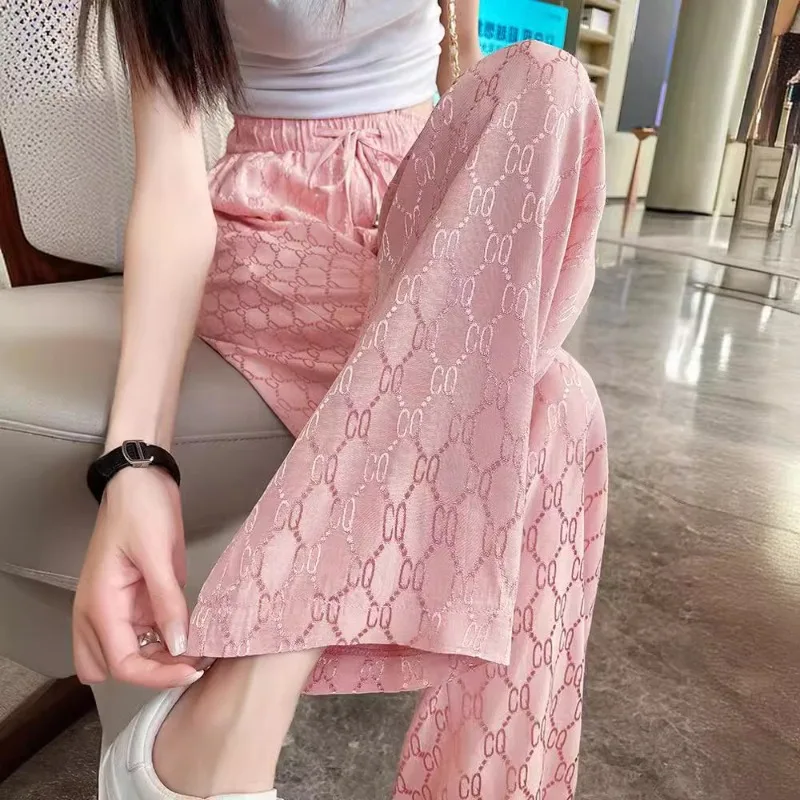 

Ice Silk Wide Leg Pants Women's 2024 Summer High Waist Straight Loose Sunscreen Jacquard Casual Floor-Mopping Pants