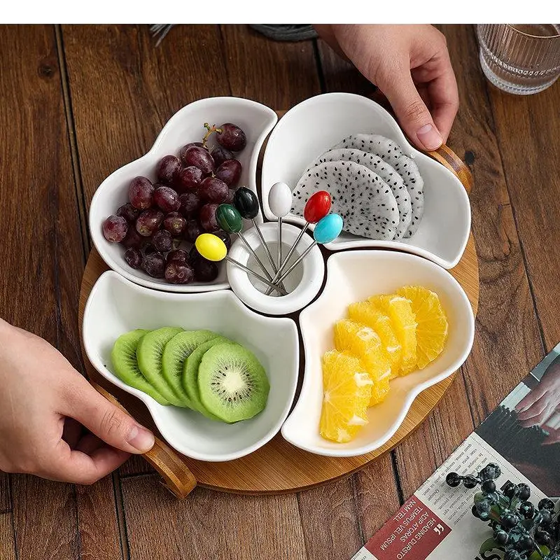 Multi Grid Ceramic Fruit Platter Wooden Tray Snacks Candy Dessert Plates Home Kitchen Tableware Fork Serving