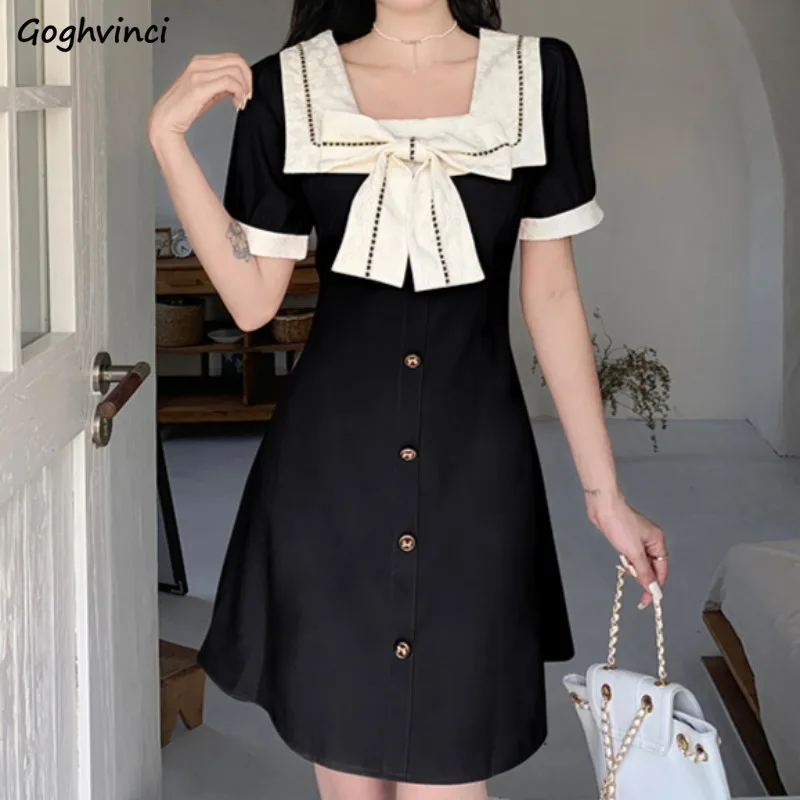 Square Collar Dresses Women Bow Panelled Preppy Style Casual Korean Fashion Daily Popular Summer Short-sleeved Vestidos Ulzzang