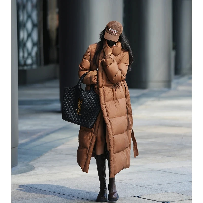 Coffee colored Stand collar Down Jacket For women's Winter New Loose Thick Warm Long White duck down Jackets Female Long Parker