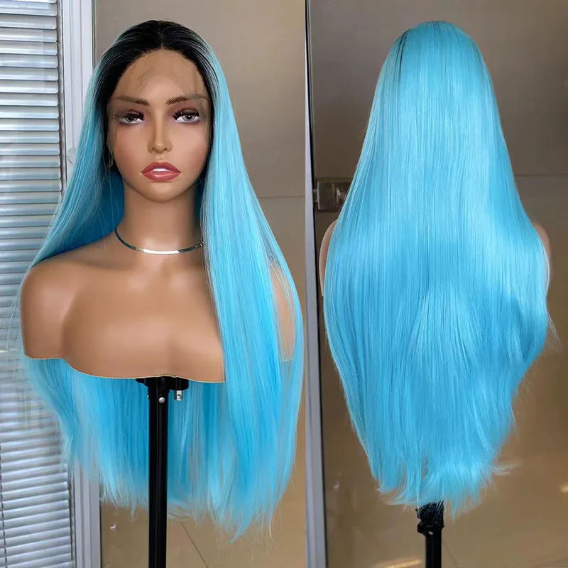 

AIMEYA 13x4 парики фронта шнурка для женщин Ombre синий длинный шелковистый прямой парик темные корни Ombre цвет Хэллоуин косплей парик