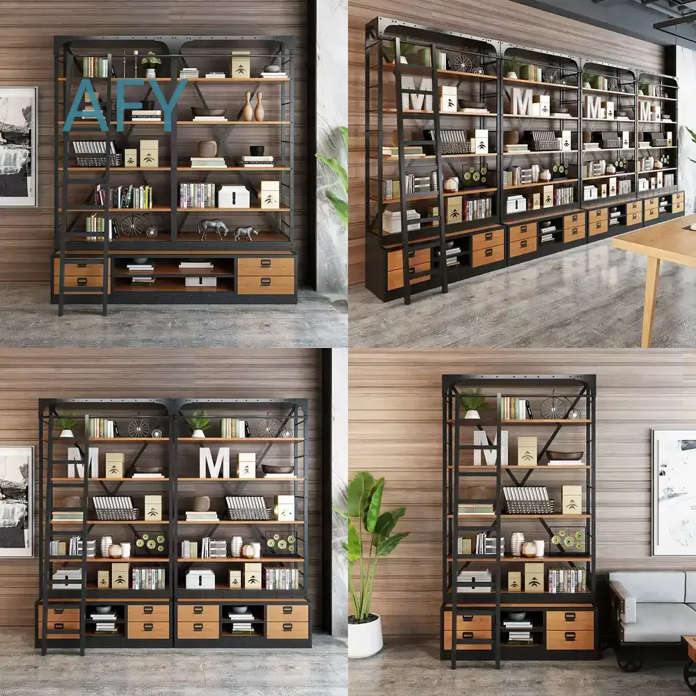 American Wrought Iron Home Bookshelf for Restaurant Display Floor-to-Ceiling Solid Wood Bookcase for Cafe LOFT Industrial