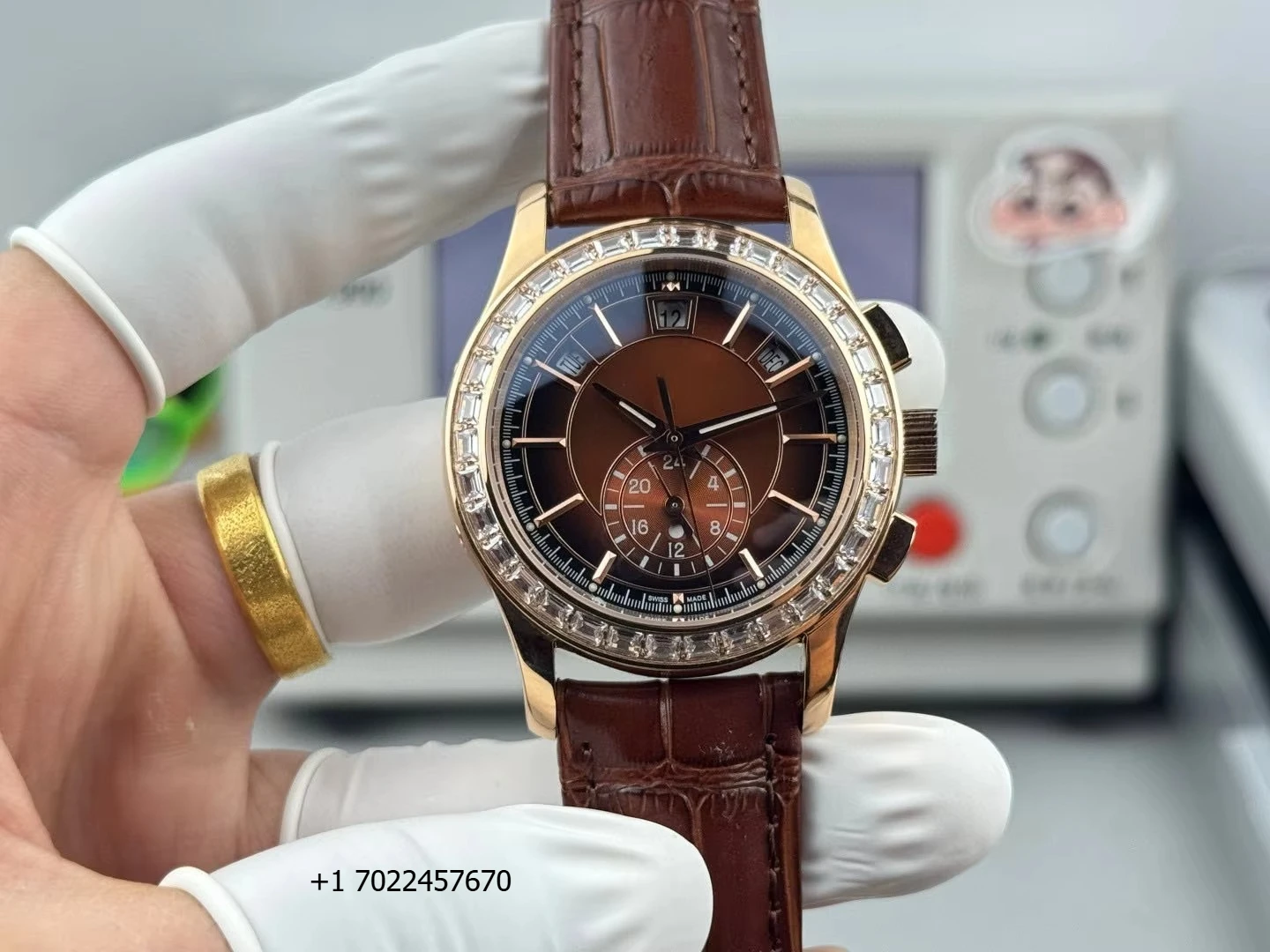 

Элитные дизайнерские часы для деловых встреч: роскошные, с ремешком из розового золота и коричневой кожи, хронограф, отображение даты, автоматический механизм