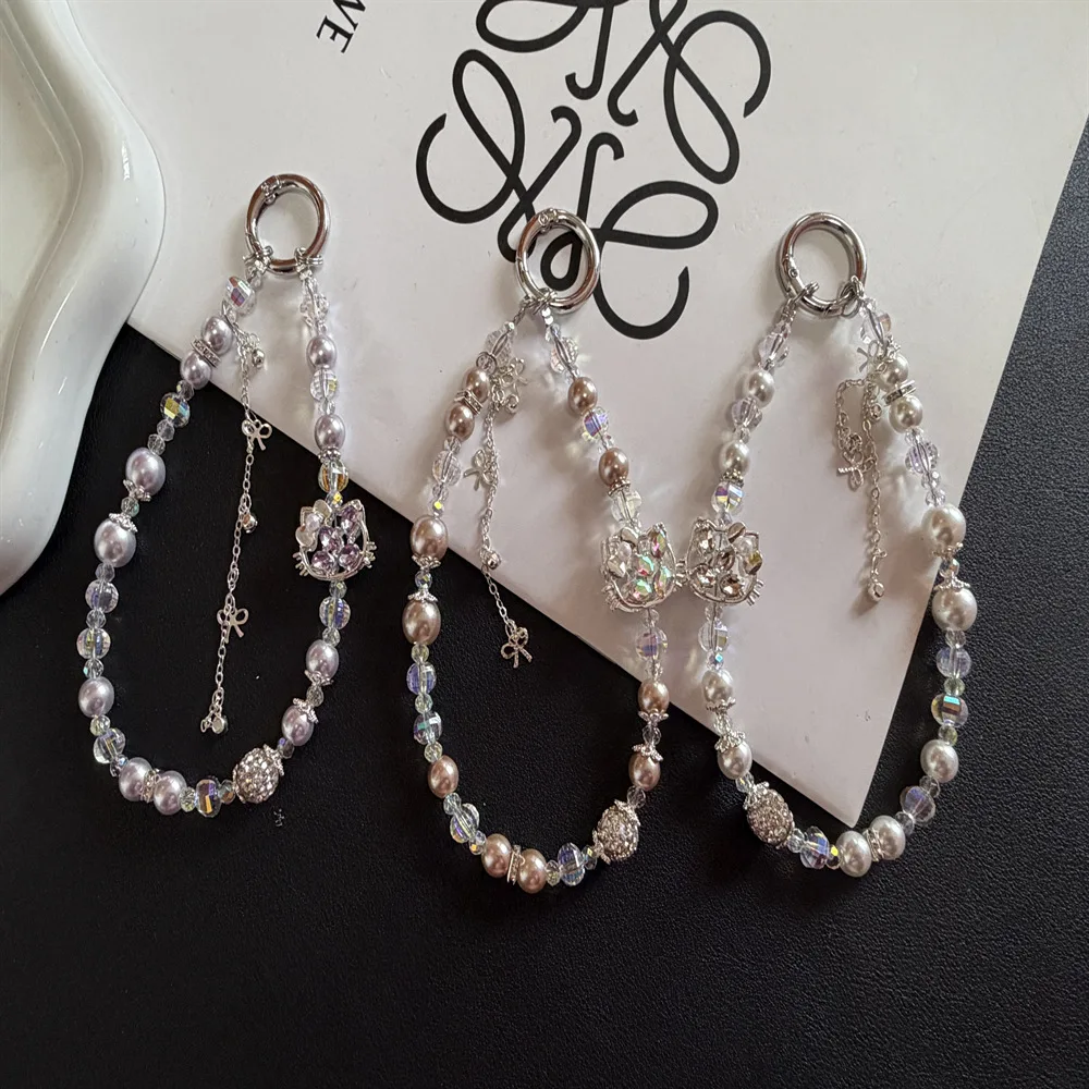 Mobile phone chain high-end feeling chain mobile phone lanyard handmade crystal pearl cute cartoon cat bead decoration