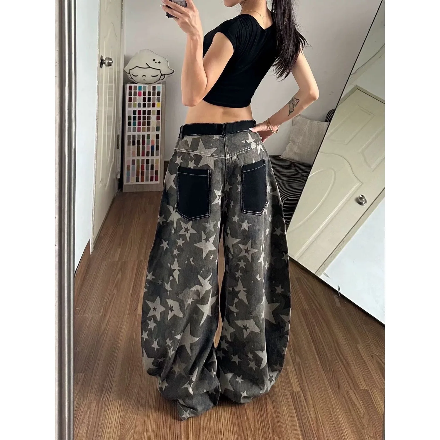 Retro American Star Print Wide Leg Jeans Women Summer Heavy Stitching Pocket Loose Long Trousers Casual High Waist Denim