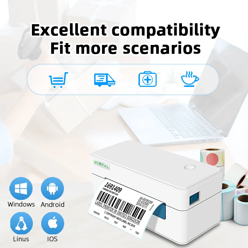 

Winpal WP-R1 4 Inch Desktop 203 DPI BT Thermal Shipping Label Printer 152mm/s USB Thermal Barcode Printer for Warehouse