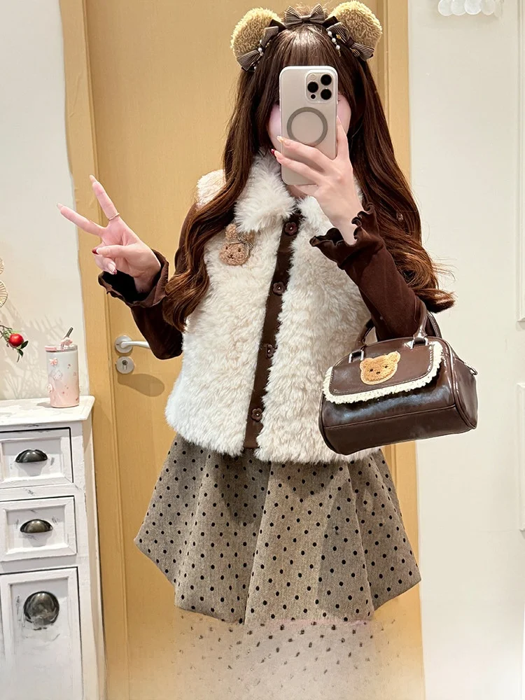 

Женский жилет из овечьей шерсти Sweet Sle: модный зимний топ с отложным воротником из полиэстера для многослойных образов