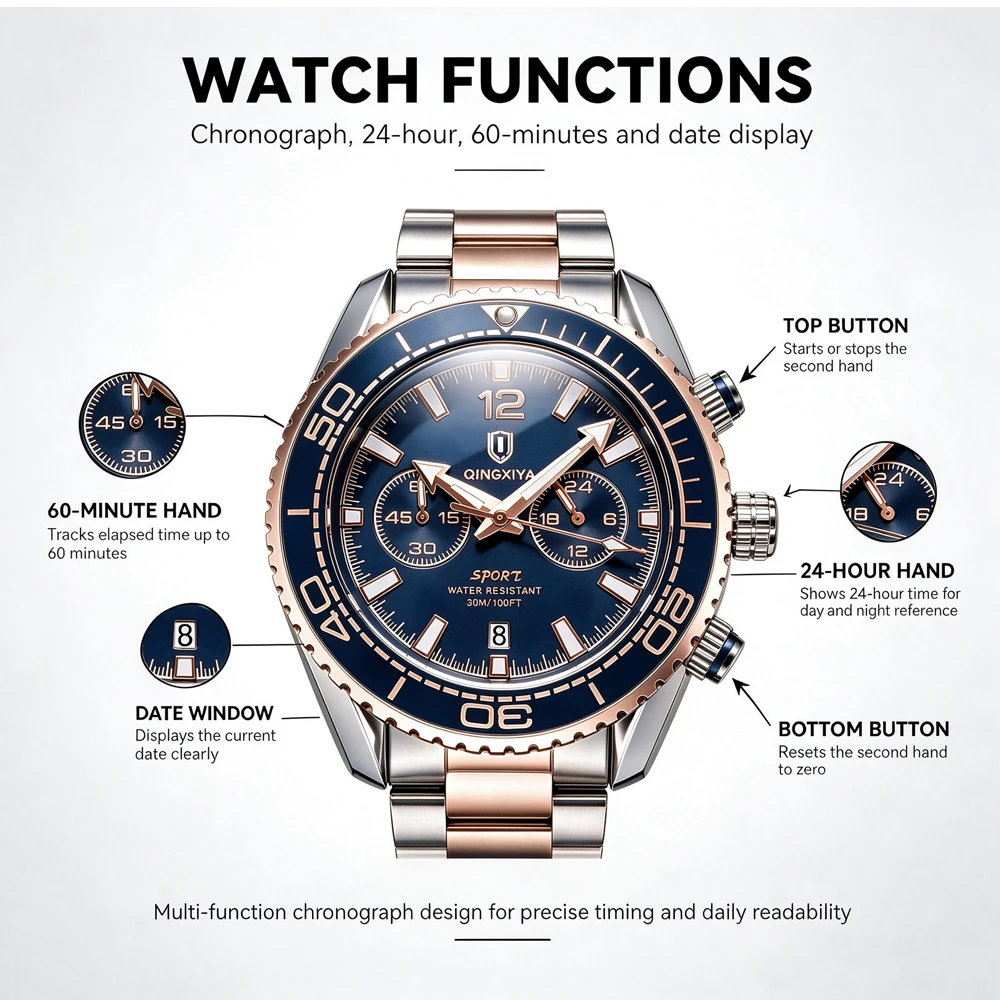 QINGXIYA Modische, kreative Herren-Quarzuhr, wasserdicht, leuchtend, Sport-Chronograph, Herrenuhr mit Datumsanzeige, Business-Uhren für Herren, Reloj – Detail 5