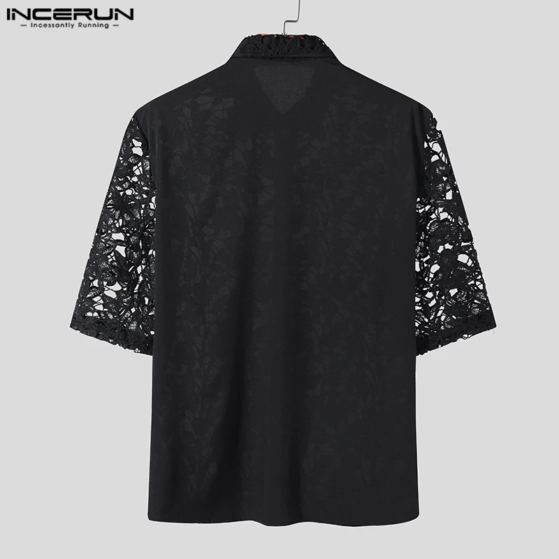 INCERUN Tops 2024 Korean Style Fashion Mens Sexy Flower Perspective Lace Shirts Male Streetwear Short Sleeved Lapel Blouse S-5XL