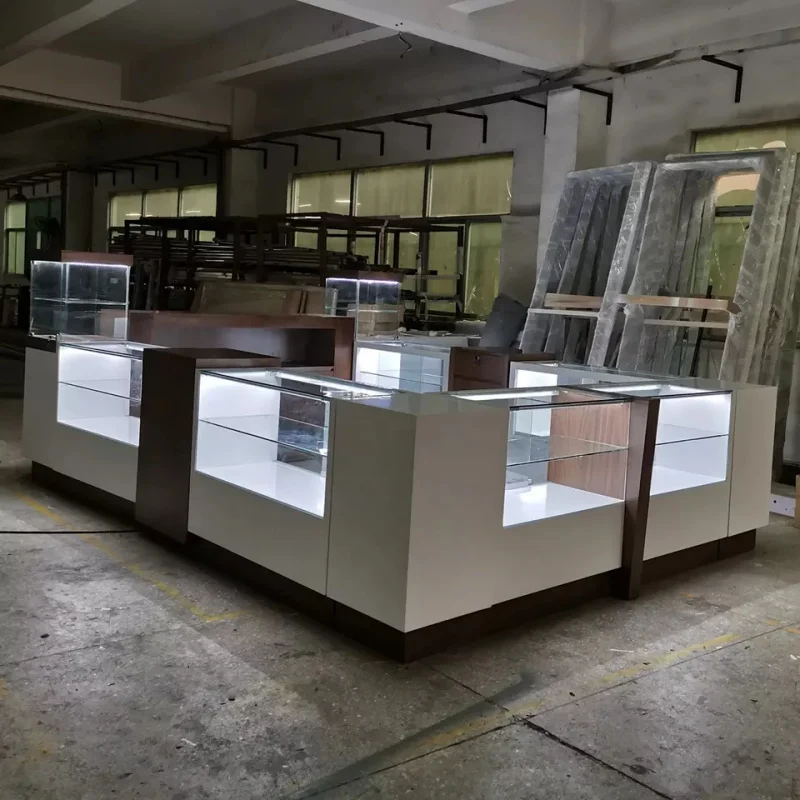 （customized）New Trendy Shopping Mall Kiosk Display Counter Jewelry Retail Store  Furniture Wooden Glass Showcase Jewellery Kiosk