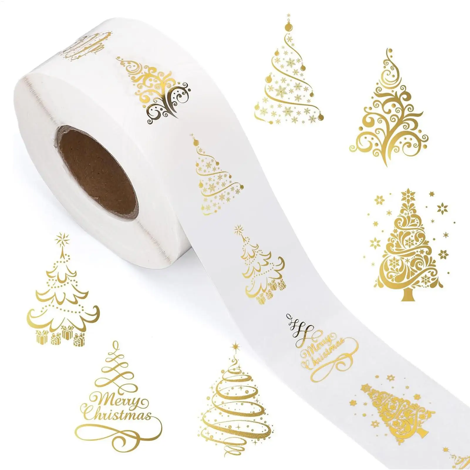 500 Stück Weihnachtsaufkleberrolle, 2,5 cm, selbstklebende Goldfolien-Baumbögen für Karten, Einladungen, Grußkarten, Papier, Basteln, Dekor