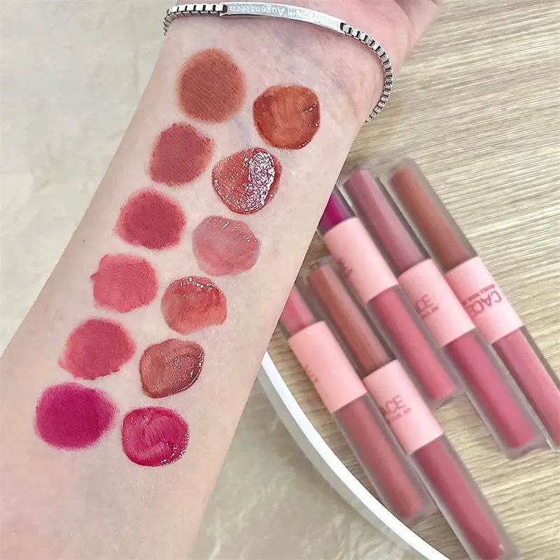 Double Point Lip Glaze: Glossy Shine & Matte Velvet Texture, Long Wear Colour and Moisture, Anti-Smear Cosmetic Lip Glaze