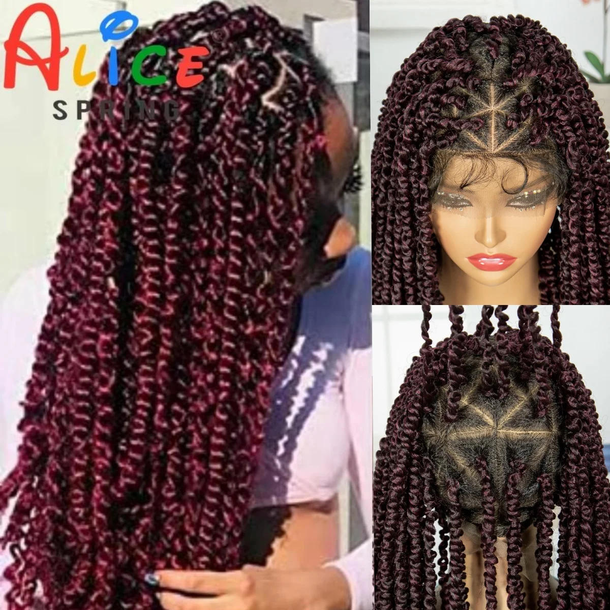 Full Lace Braided Wigs Synthetic Burgundy Dreadlocks Braided Lace Front Wig for Black Women Knotless Twrist Crochet Bradis Wigs