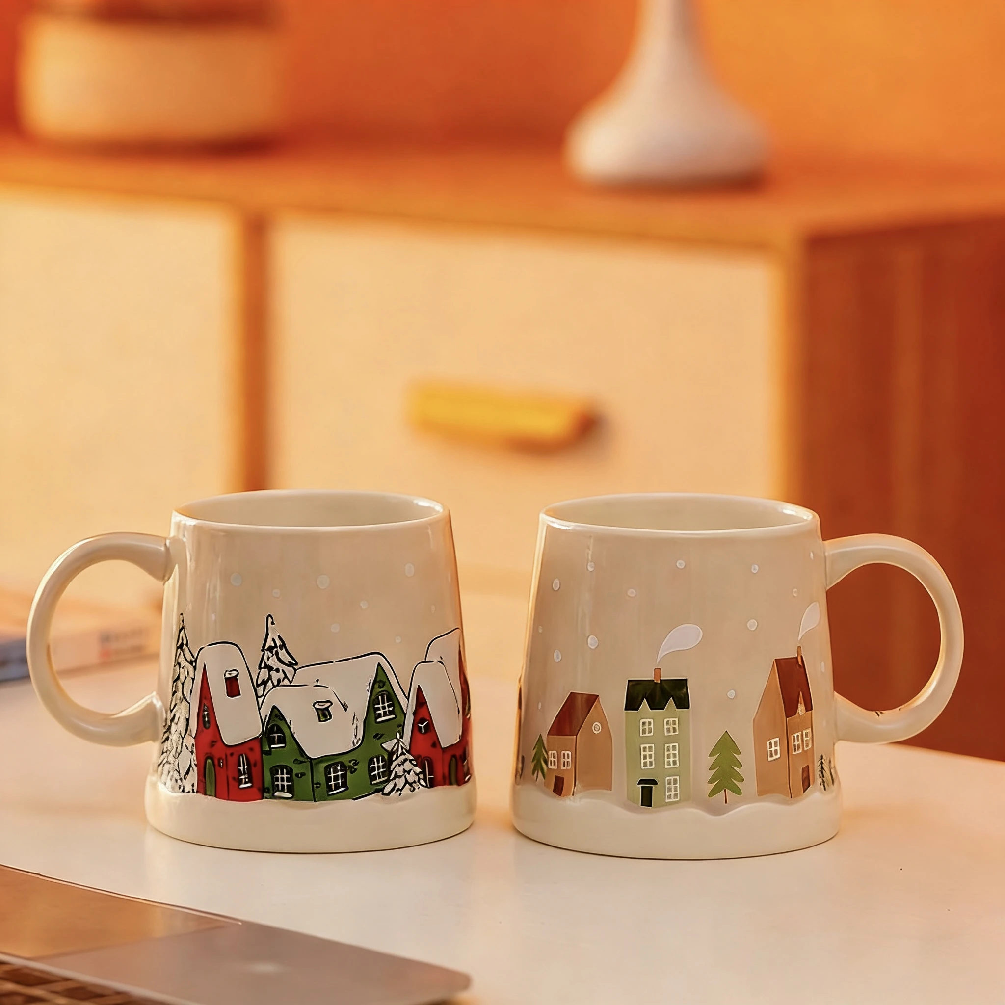 Weihnachtliches Schneehaus Keramik-Kaffeebecher, 12oz Winterdorf-Kaffeetasse, Niedliche Feiertags-Tasse als Weihnachtsgeschenk