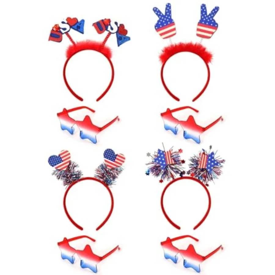 8 PCS Patriotic Party Accessories, Independence Day Headband Red White Blue Star Sunglasses for 4th of July Party Accessories M