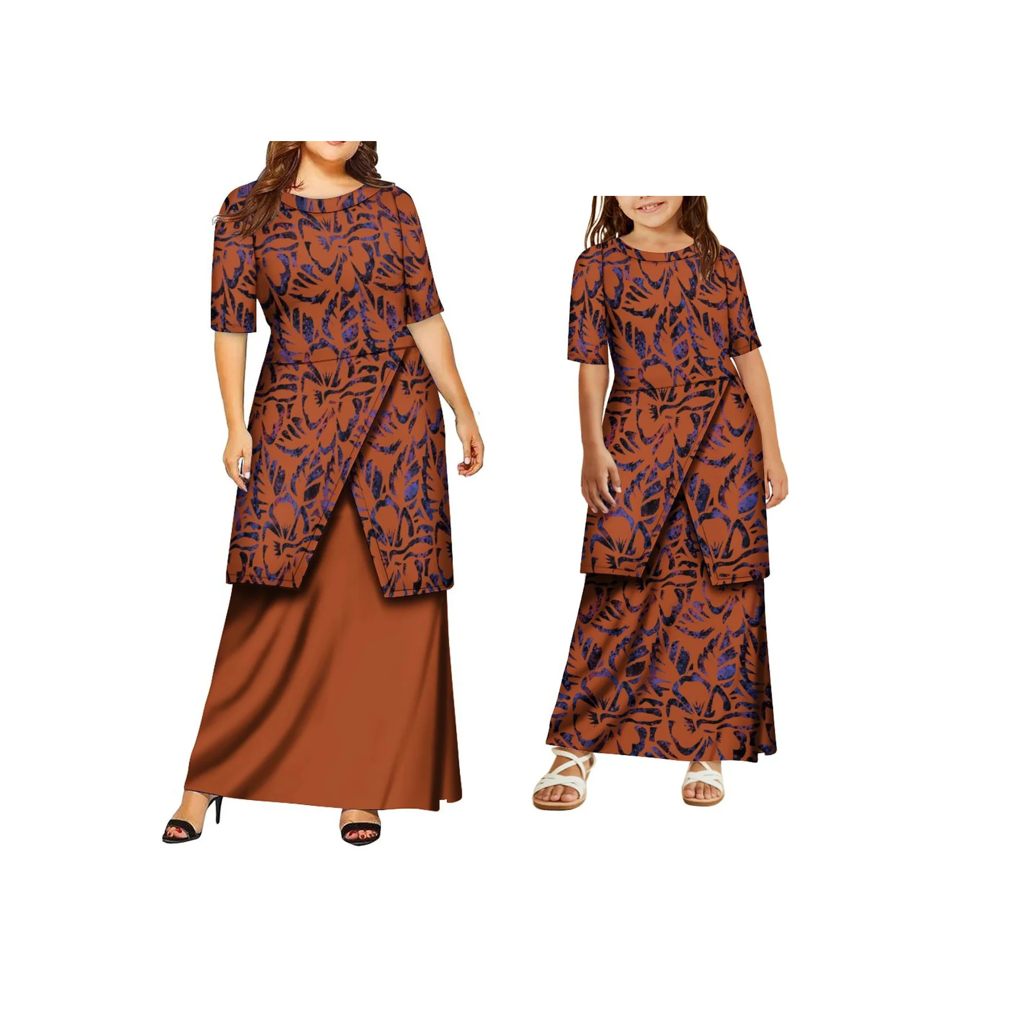 맞춤 폴리네시아 섬 디자인 엄마와 딸 O넥 사모아 풀레타시 세트 여성용 투피스 의상 세트 드레스